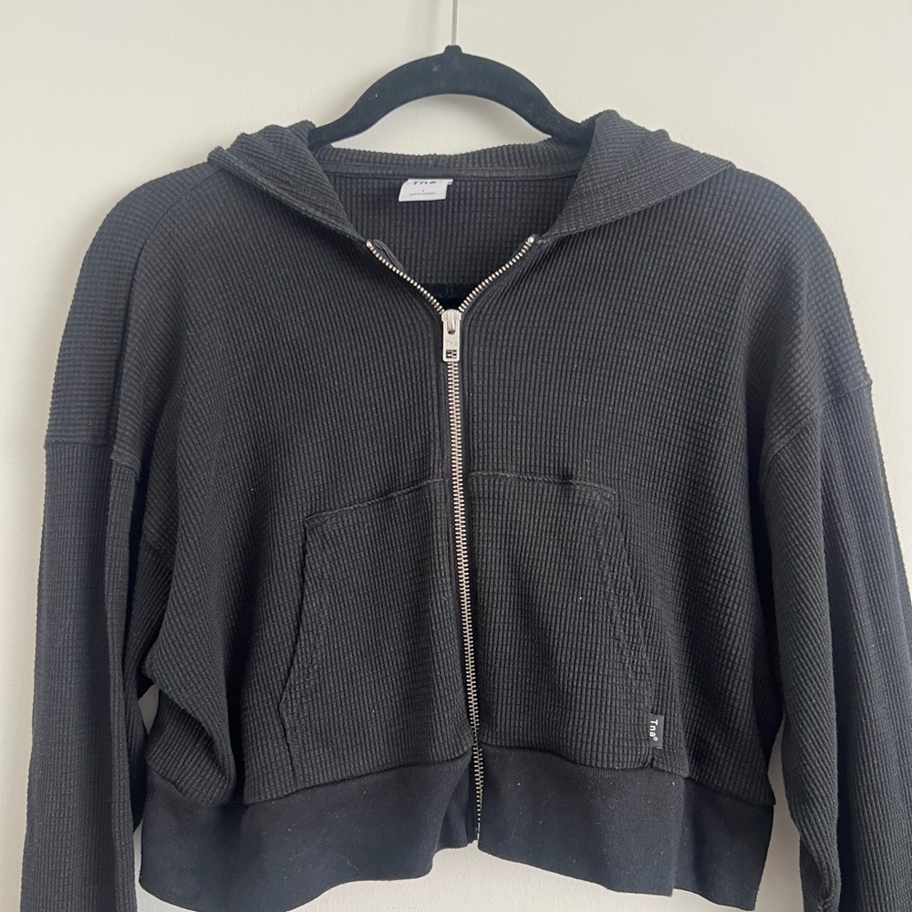 TNA Black Waffle-Knit Hoodie Top